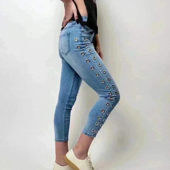 Vintage Y2K Rivited Gogo Skinny Cropped Acid Wash Jeans - 5 - Picture 4 of 9